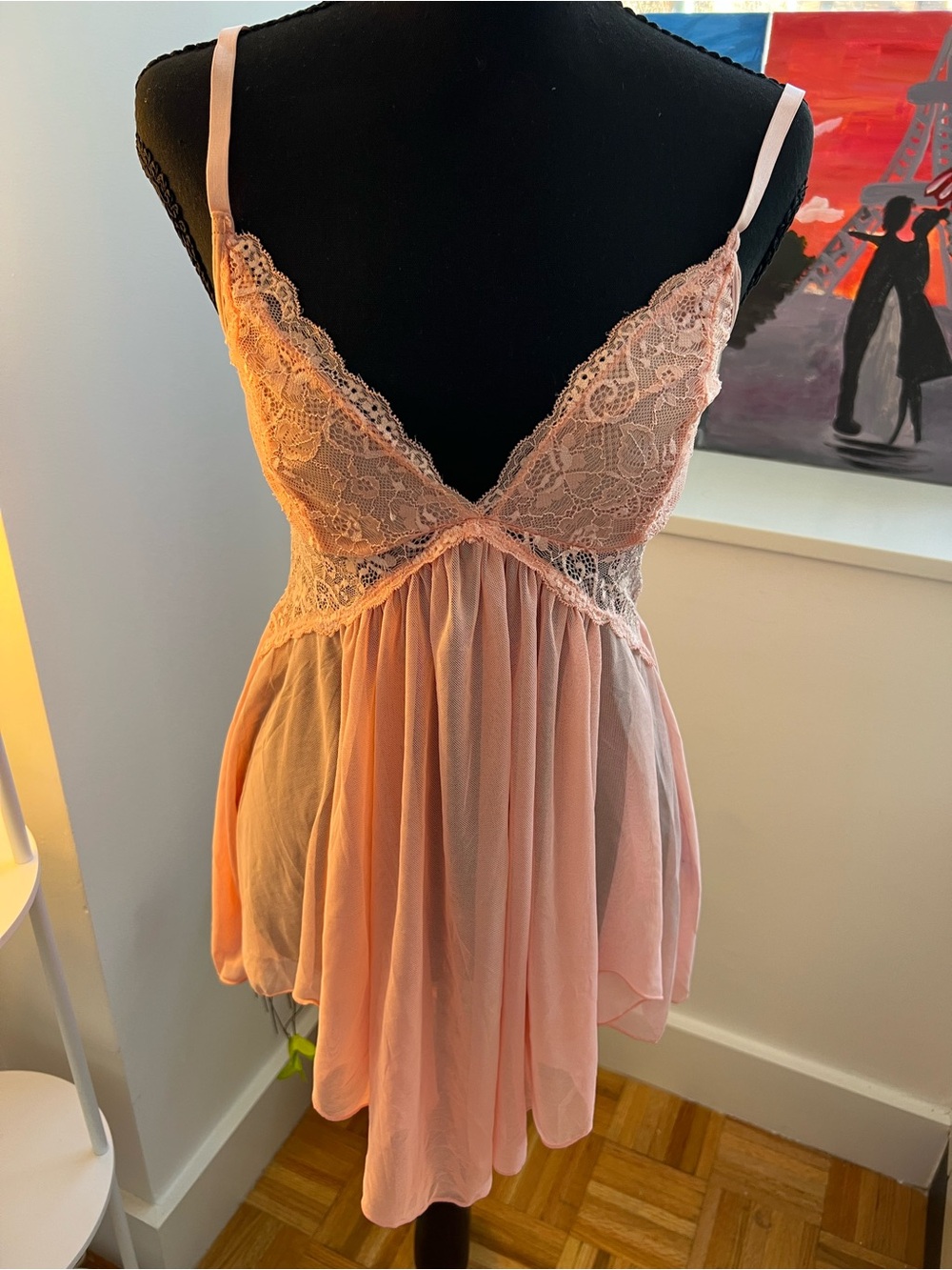 Sheer Lace-Trim Blush Pink Babydoll Chemise